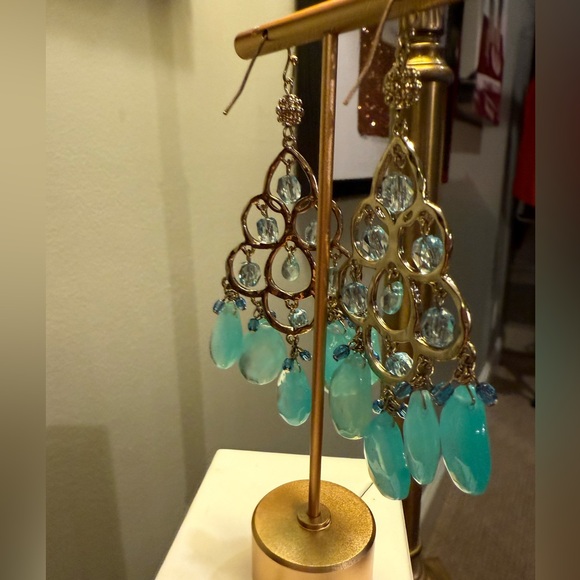 Vintage Y2K J. Crew Gold and Teal Chandelier Earrings 3.5” Drop - Picture 3 of 5